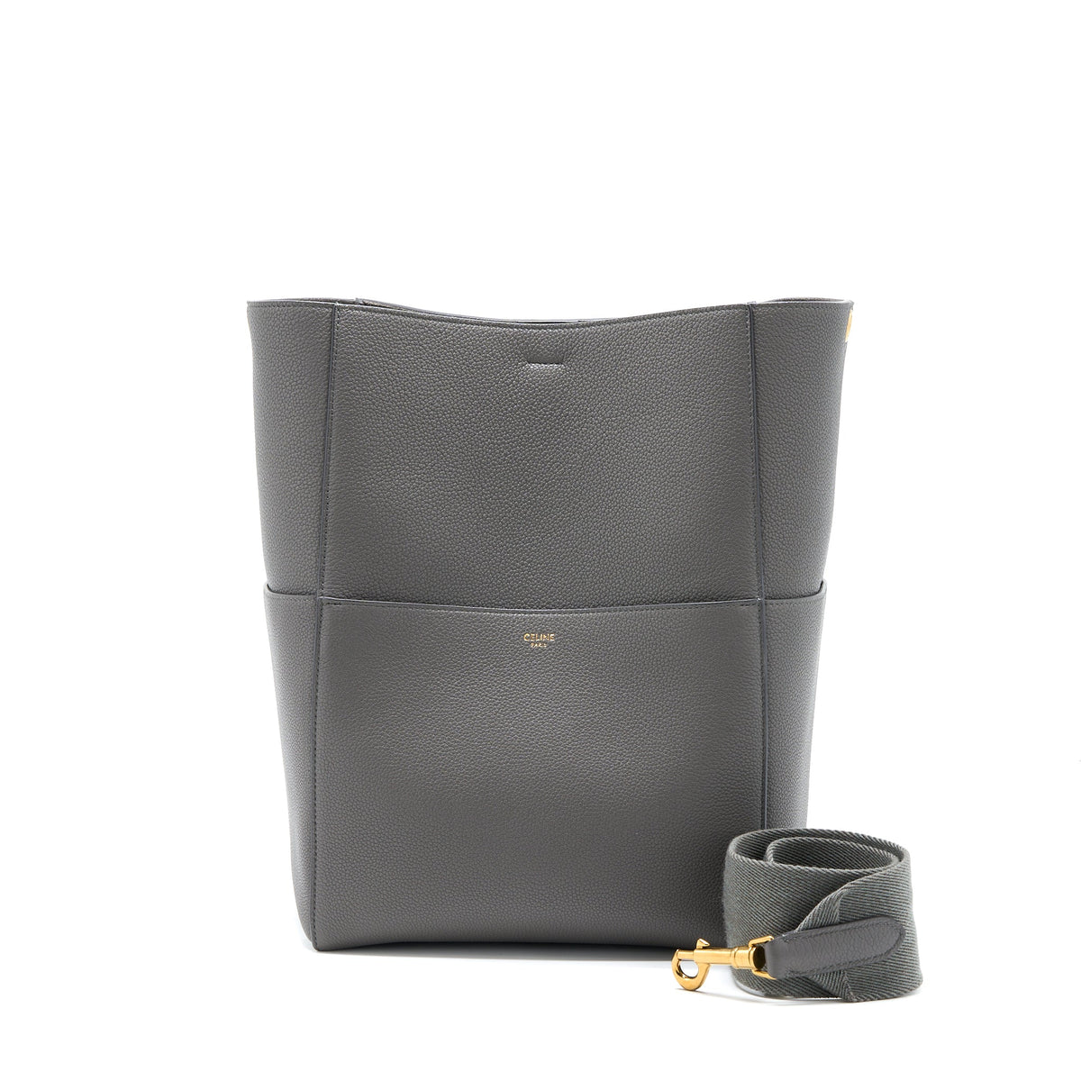 CELINE SANGLE BUCKET BAG GRAINED CALFSKIN GREY GHW