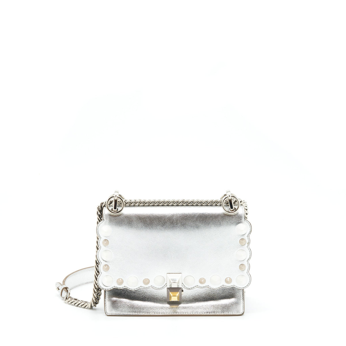 FENDI KAN I BAG METALLIC SLIVER/MULTICOLOR WITH GOLD AND SILVER HARDWARE