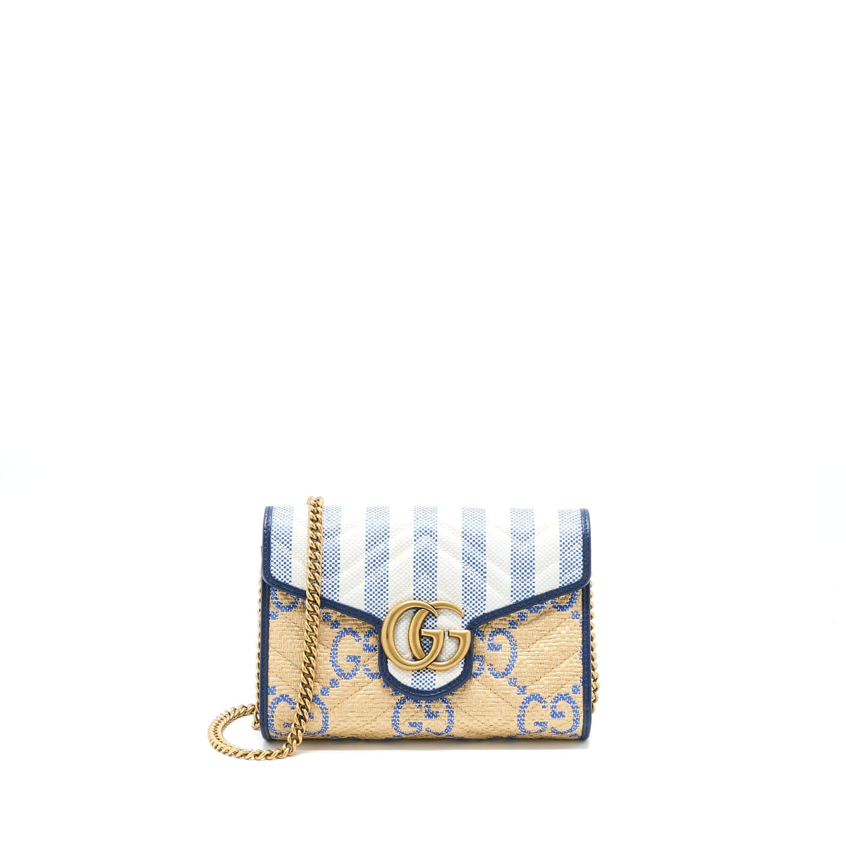 GUCCI GG MARMONT FLAP BAG MATELASSE RAFFIA BLUE/MULTICOLOUR BRUSHED GHW