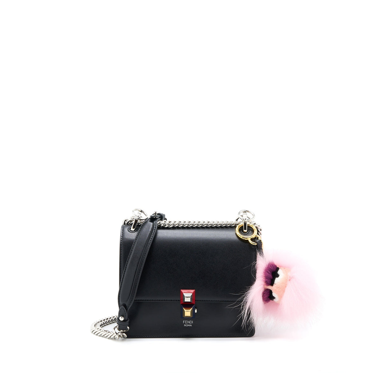 FENDI KAN I CALFSKIN BLACK SHW WITH AN EXTRA BAG CHARM