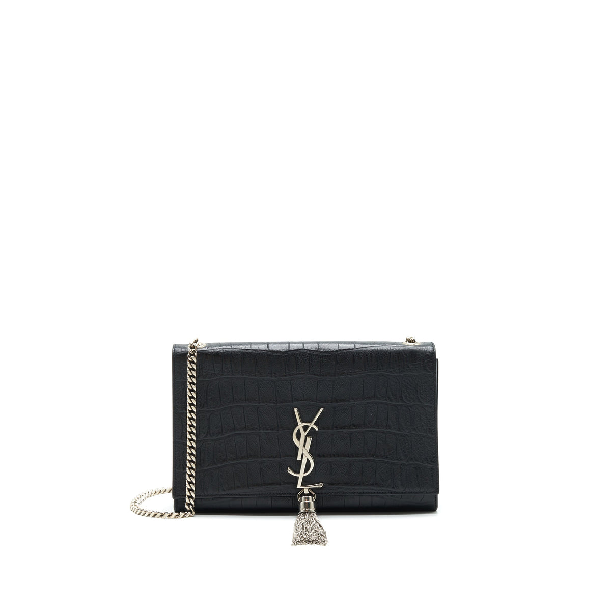 SAINT LAURENT MEDIUM KATE WITH TASSEL CROC EMBOSSED CALFSKIN BLACK SHW