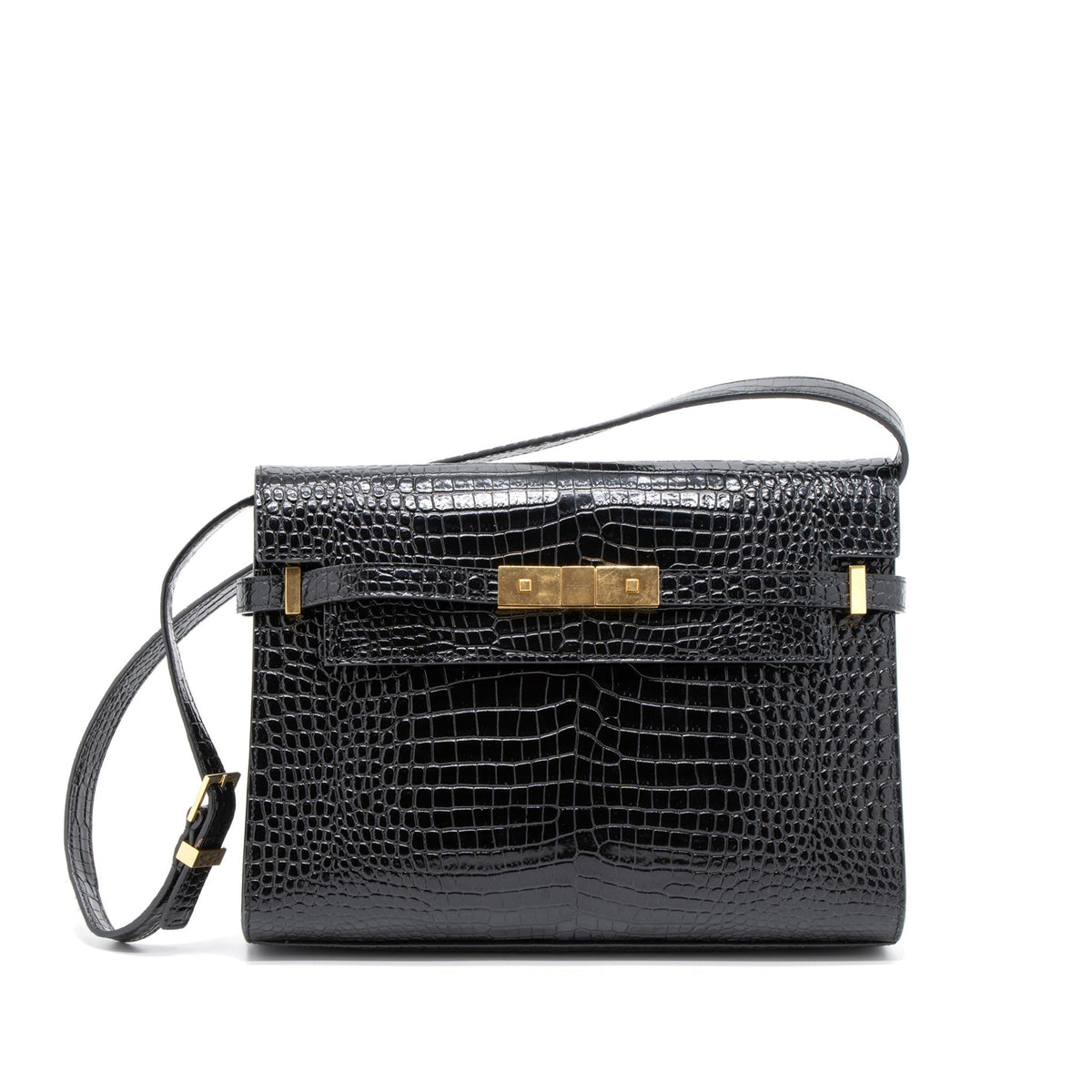 SAINT LAURENT MANHATTAN SHOULDER BAG CROCODILE-EMBOSSED BLACK GHW