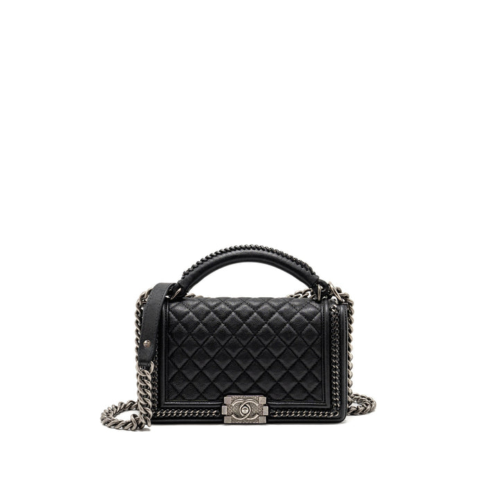 CHANEL TOP HANDLE BOY BAG LIMITED EDITION GRAINED CALFSKIN BLACK RUTHENIUM SILVER HARDWARE