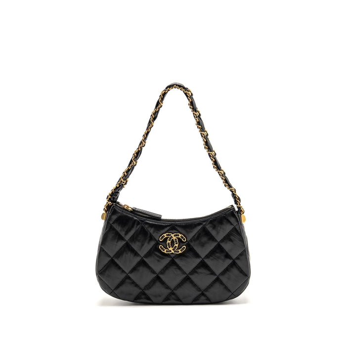 CHANEL 23K 19 HOBO SHOULDER BAG CALFSKIN BLACK GHW (MICROCHIP)
