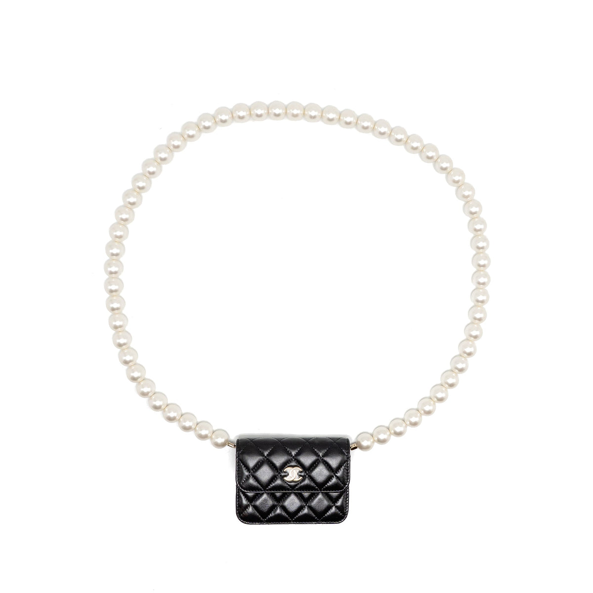 CHANEL CARD HOLDER WITH MAXI PEARLS CHAIN LAMBSKIN BLACK LGHW