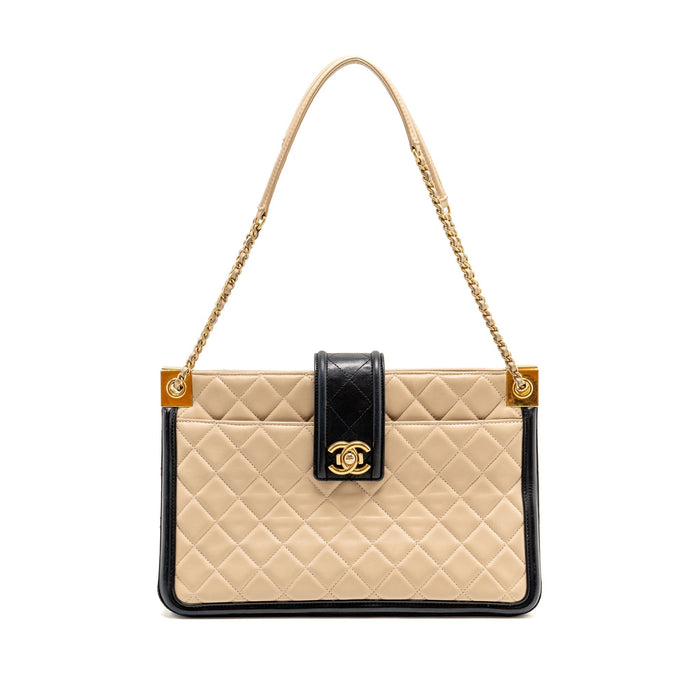CHANEL ELEGANT CC TOTE QUILTED LAMBSKIN BEIGE/BLACK GHW
