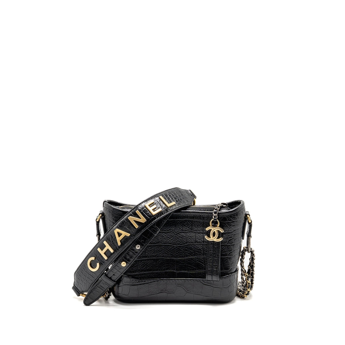 CHANEL SMALL GABRIELLE HOBO BAG WITH TOP HANDLE CROC-EMBOSSED CALFSKIN BLACK MULTICOLOURED HARDWARE
