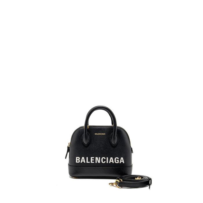 BALENCIAGA VILLE GRAFFITI TOP HANDLE BOWLING BAG XXS GRAINED CALFSKIN BLACK/WHITE GHW