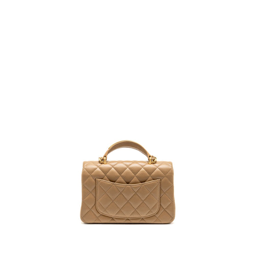 CHANEL TOP HANDLE MINI RECTANGULAR LAMBSKIN DARK BEIGE GHW (MICROCHIP)