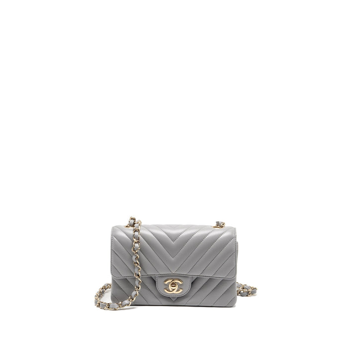 CHANEL MINI RECTANGULAR FLAP BAG CHEVRON LAMBSKIN GREY LGHW