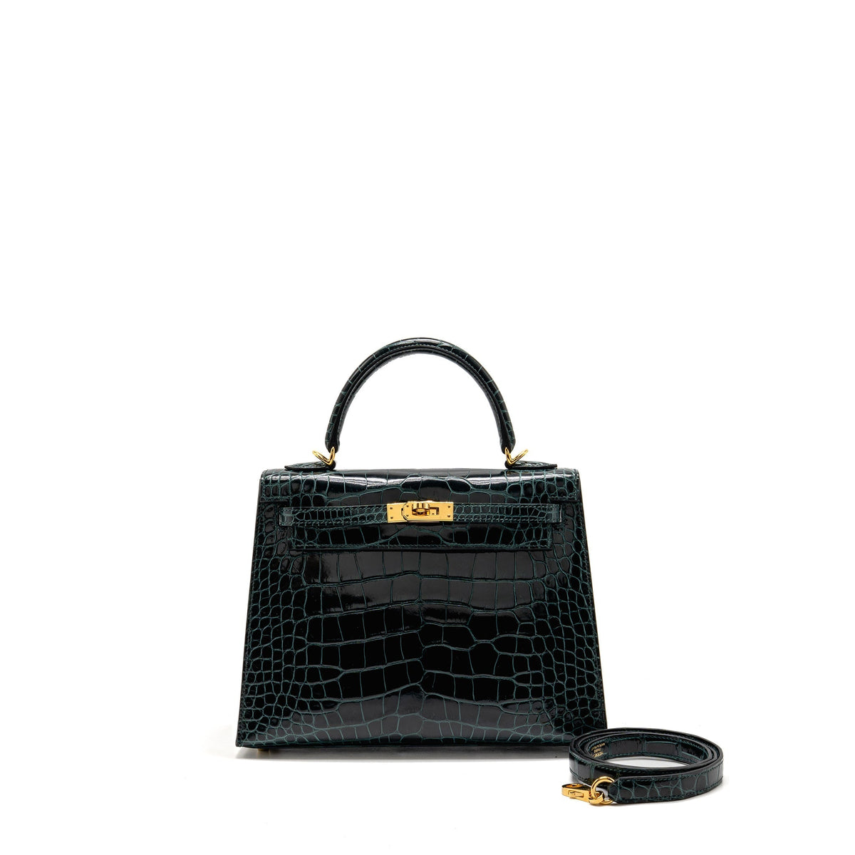 HERMES KELLY 25 SHINY ALLIGATOR MISSISSIPPIENSIS VERT CYPRES GHW