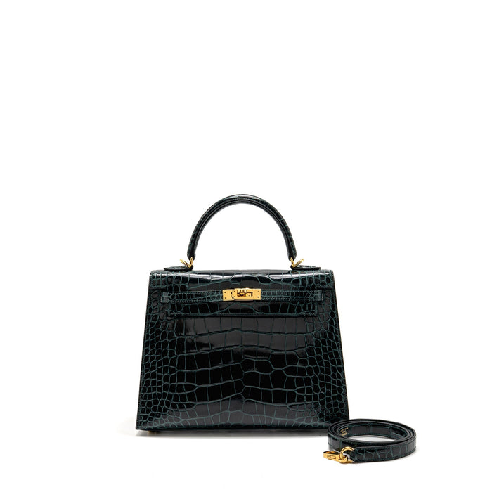 HERMES KELLY 25 SHINY ALLIGATOR MISSISSIPPIENSIS VERT CYPRES GHW