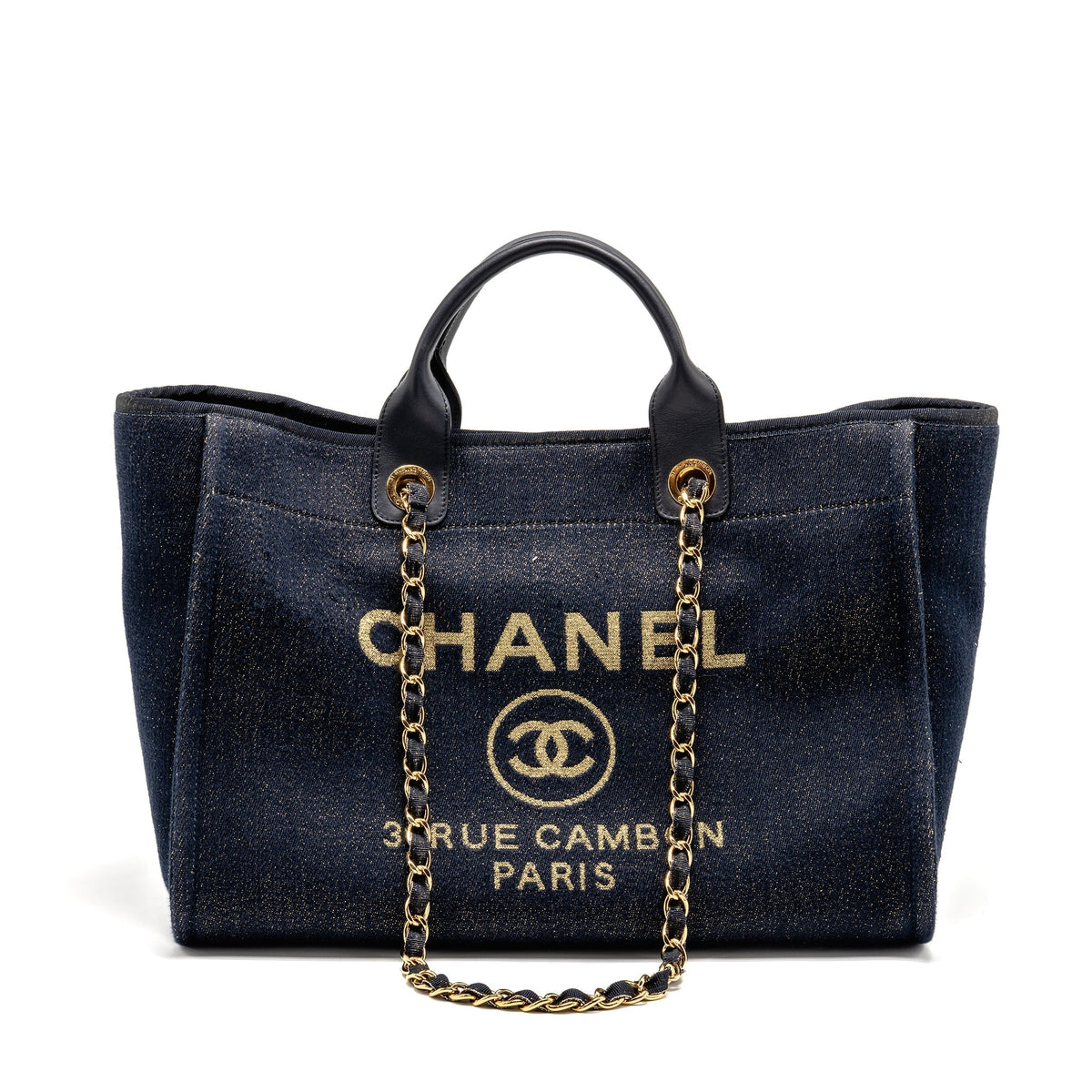 CHANEL LARGE DEAUVILLE TOTE SHOPPING BAG DENIM/LEATHER NAVY BLUE/GOLD GHW