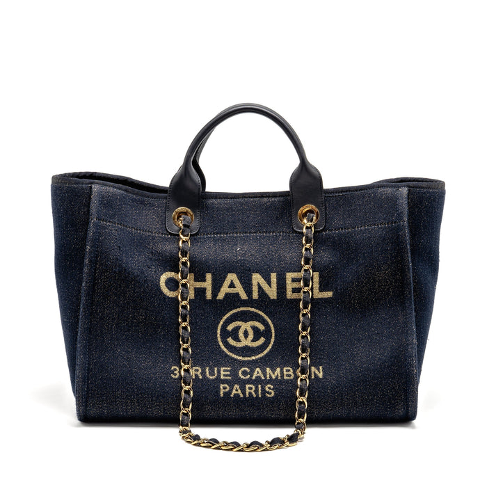 CHANEL LARGE DEAUVILLE TOTE SHOPPING BAG DENIM/LEATHER NAVY BLUE/GOLD GHW