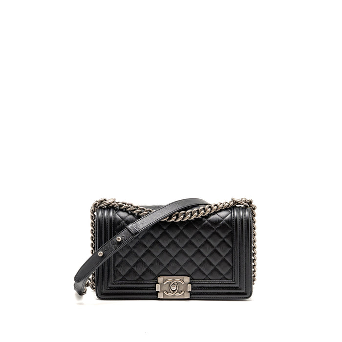 CHANEL MEDIUM BOY BAG CAVIAR BLACK RUTHENIUM SILVER HARDWARE