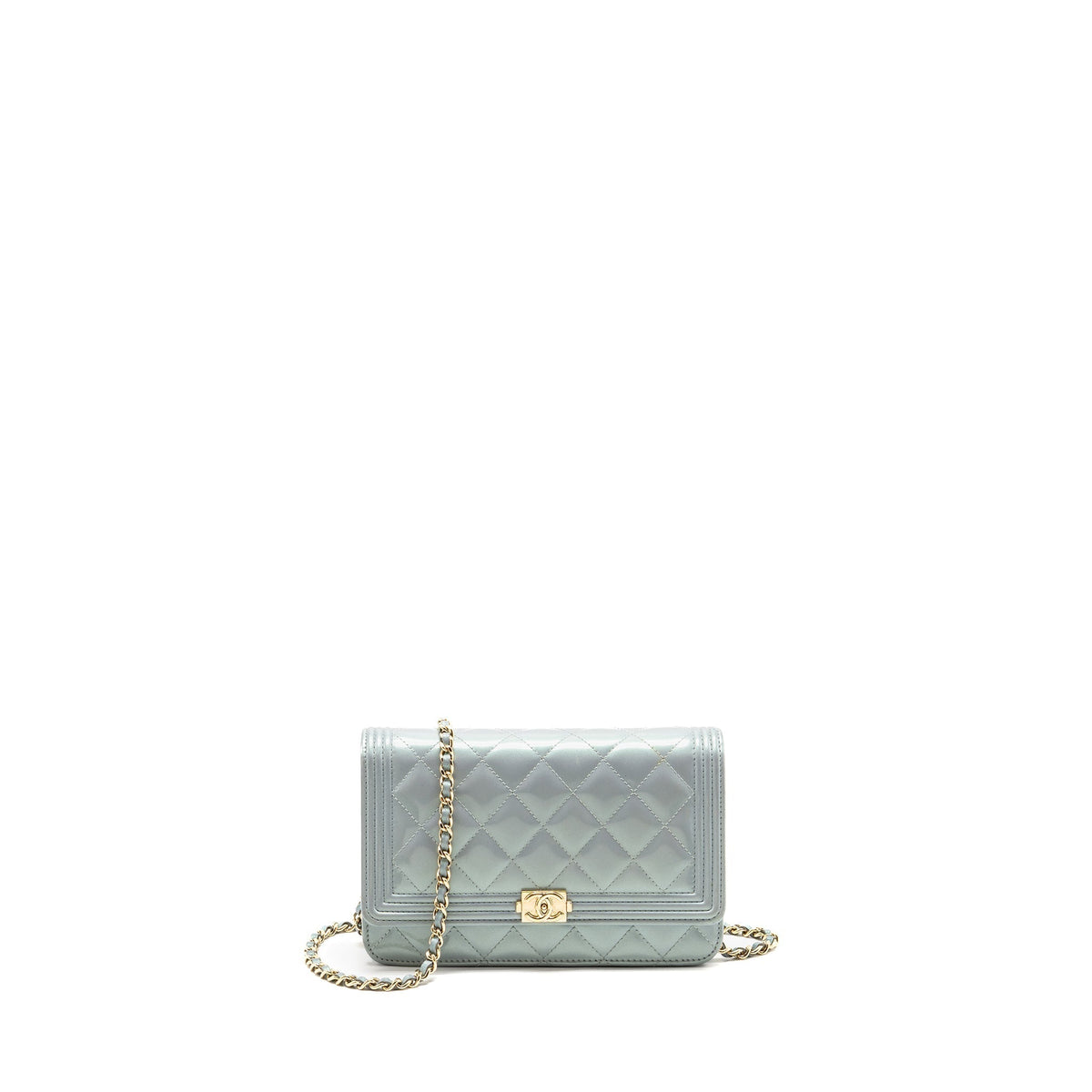 CHANEL BOY WALLET ON CHAIN PATENT CALFSKIN IRIDESCENT LIGHT BLUE LGHW