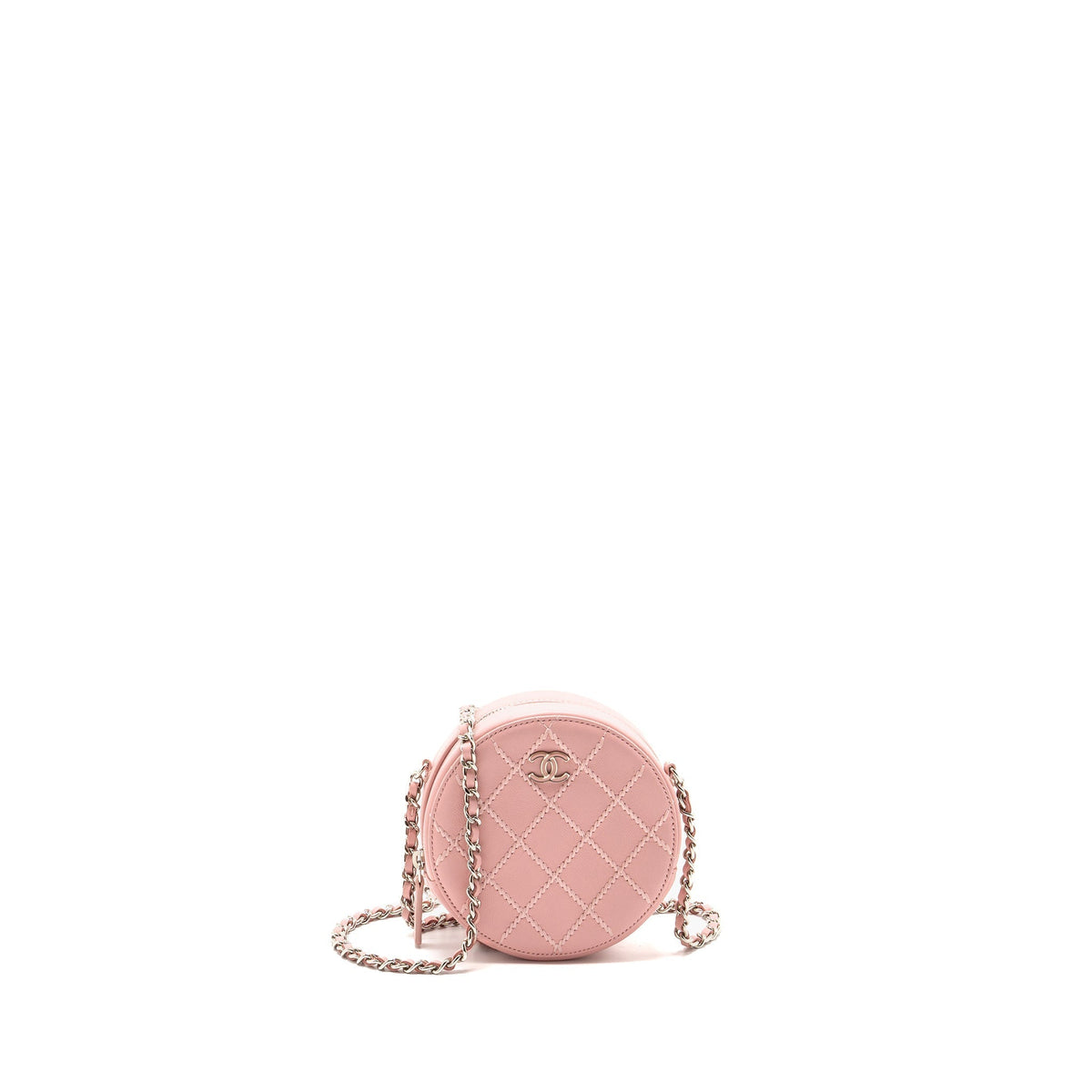 CHANEL MINI ROUND VANITY CLUTCH WITH CHAIN LAMBSKIN PINK SHW