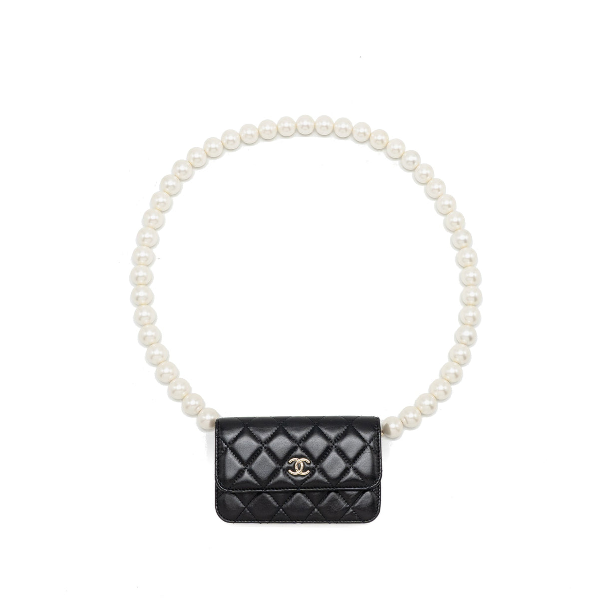 CHANEL CARD HOLDER WITH MAXI PEARLS CHAIN LAMBSKIN BLACK LGHW