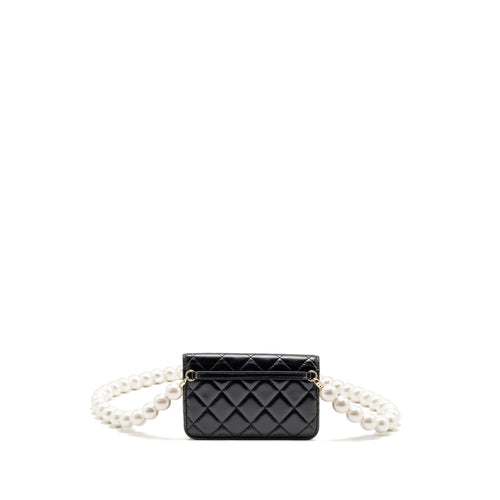 CHANEL CARD HOLDER WITH MAXI PEARLS CHAIN LAMBSKIN BLACK LGHW
