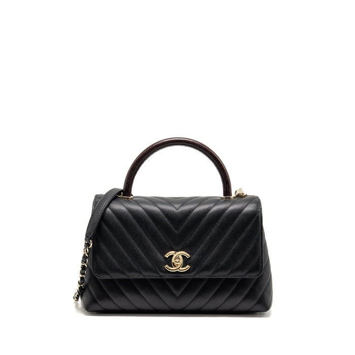 CHANEL MEDIUM CHEVRON COCO HANDLE CAVIAR BLACK / BURGUNDY HANDLE LGHW