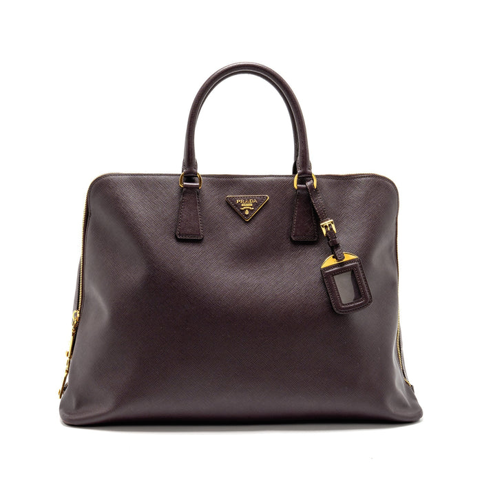 PRADA SAFFIANO VERNICE PROMENADE LARGE DOME TOTE BAG LEATHER MOGANO GHW