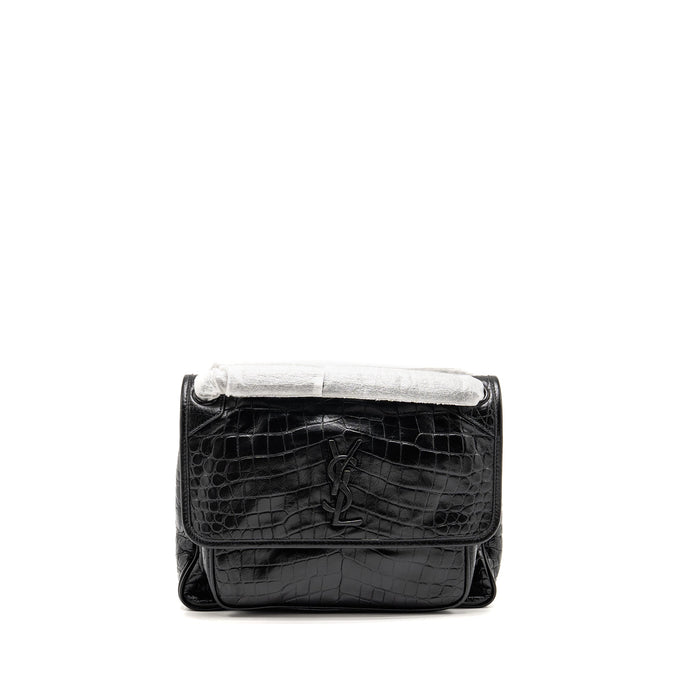 SAINT LAURENT / YSL MEDIUM NIKI BAG CROCODILE-EMBOSSED BLACK CALFSKIN BLACK HARDWARE