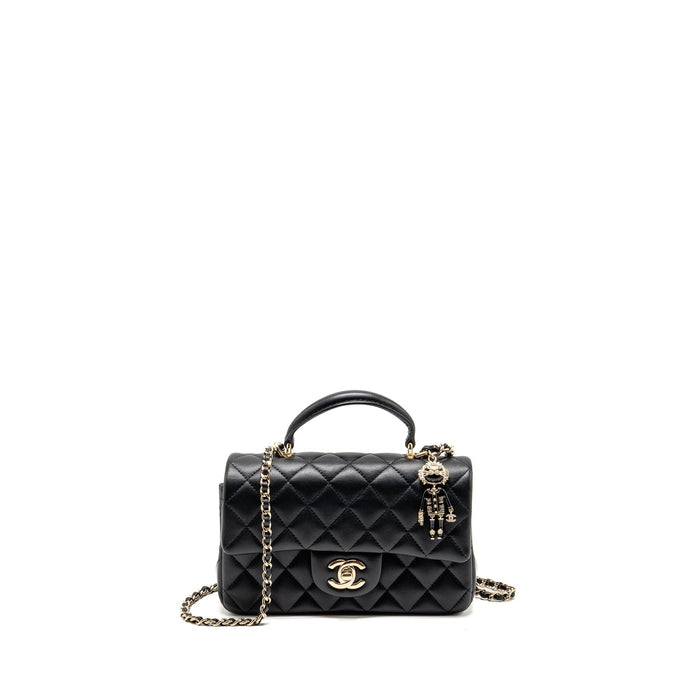 CHANEL TOP HANDLE MINI RECTANGULAR WITH DETAILED CHARM LAMBSKIN BLACK LGHW (MICROCHIP)