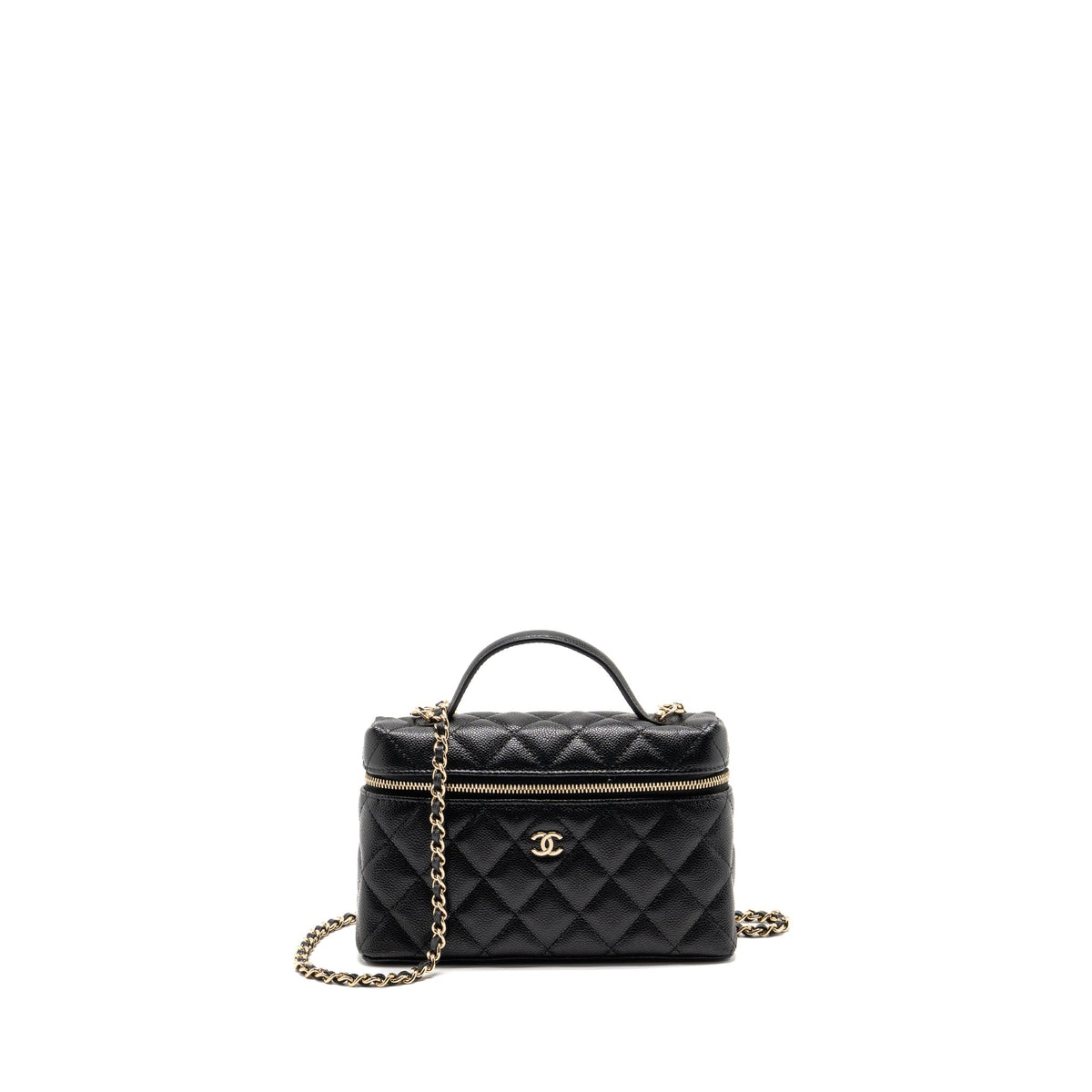 CHANEL 25P CC TOP HANDLE VANITY WITH CHAIN CAVIAR BLACK LGHW (MICROCHIP)