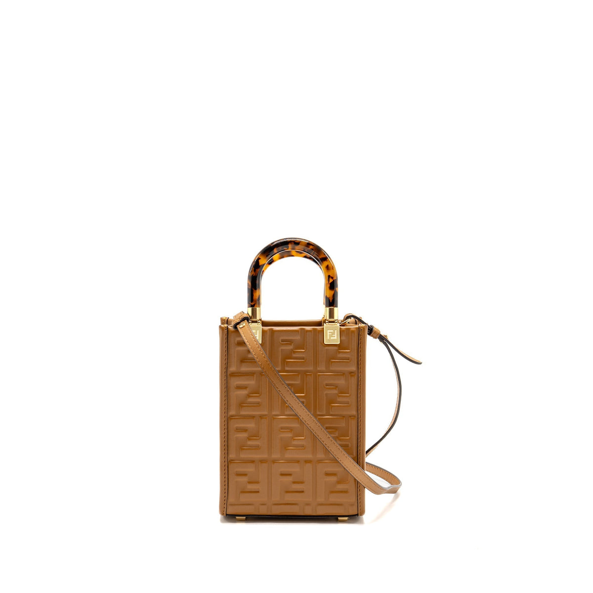 FENDI MINI SUNSHINE SHOPPER BAG FF LEATHER BROWN GHW
