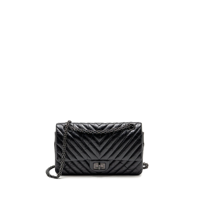 CHANEL SMALL 2.55 REISSUE DOUBLE FLAP BAG CHEVRON AGED CALFSKIN SO BLACK