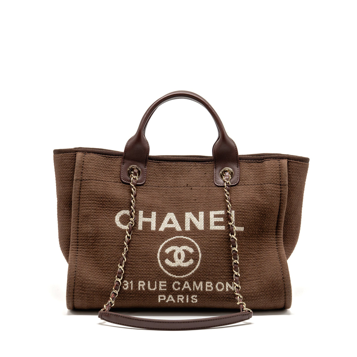 CHANEL DEAUVILLE TOTE BAG CANVAS DARK BROWN LGHW (MICROCHIP)