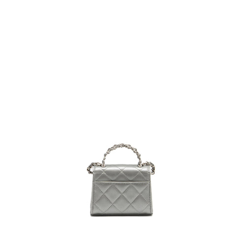 CHANEL TOP HANDLE MINI FLAP BAG WITH CHAIN LAMBSKIN SILVER SHW (MICROCHIP)
