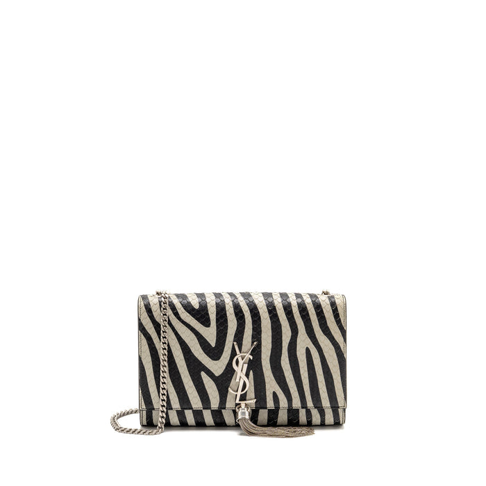 SAINT LAURENT/YSL MEDIUM KATE SHOULDER BAG WITH TASSEL EMBOSSED LEATHER BLACK/WHITE SHW