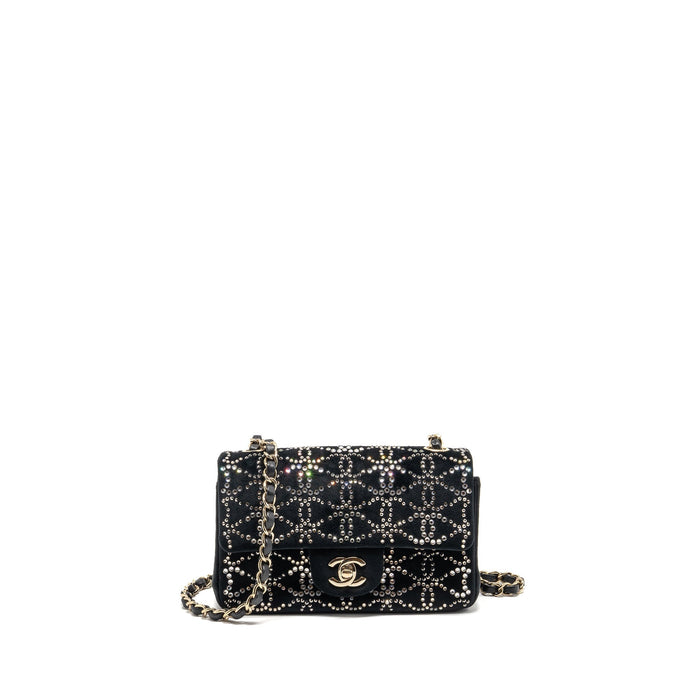CHANEL MINI RECTANGULAR FLAP BAG VELVET WITH CRYSTAL BLACK LGHW