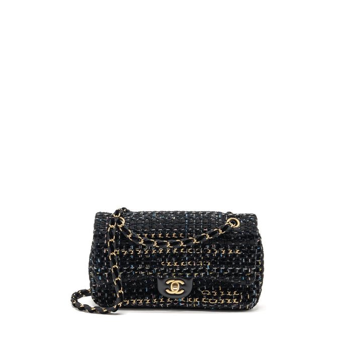 CHANEL MEDIUM SINGLE FLAP BAG TWEED BLACK GHW