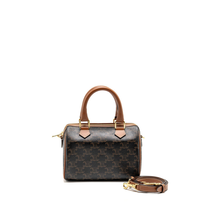 CELINE SMALL BOSTON BAG TRIOMPHE CANVAS/CALFSKIN TAN GHW