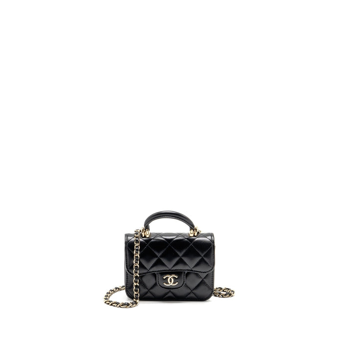 CHANEL MINI TOP HANDLE FLAP COIN PURSE WITH CHAIN LAMBSKIN BLACK LGHW