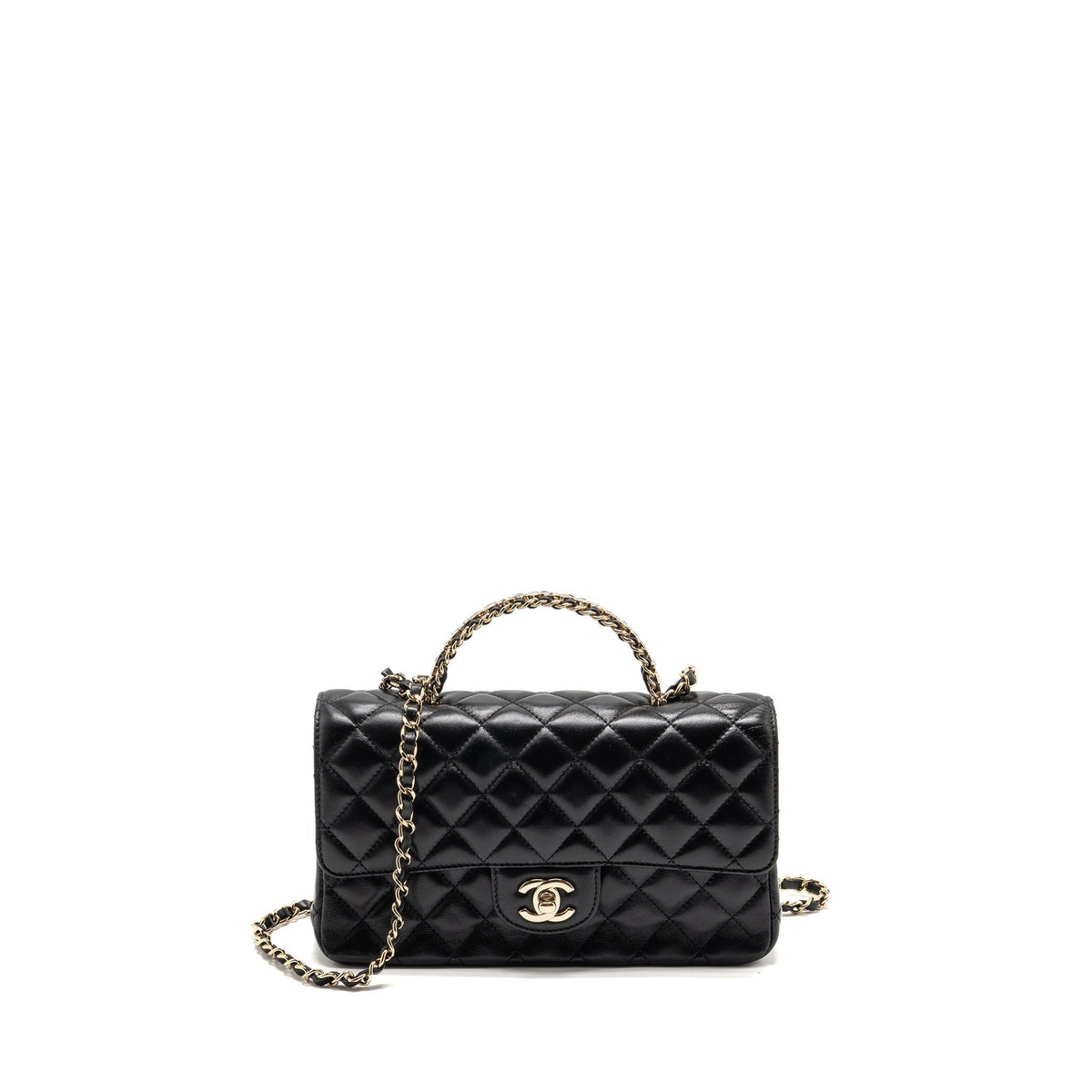 CHANEL 23A CRYSTAL TOP HANDLE FLAP BAG SHINY LAMBSKIN BLACK LGHW(MICROCHIP)