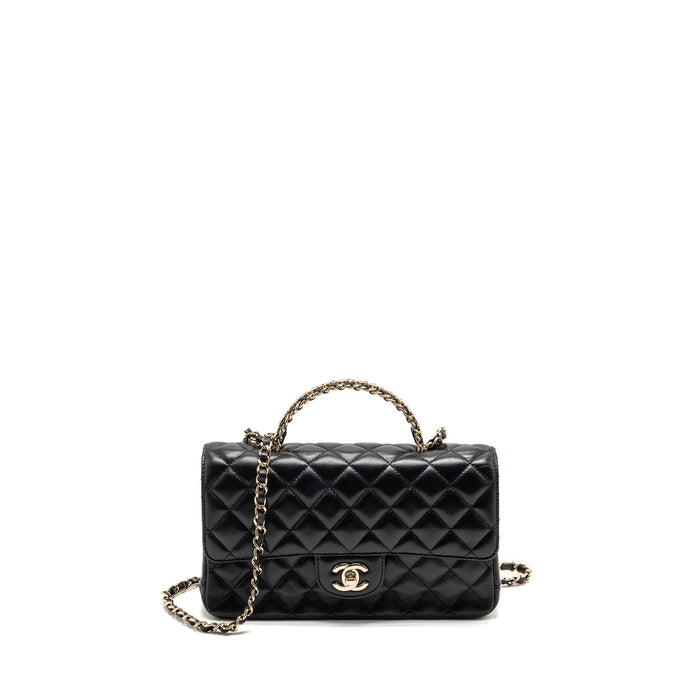 CHANEL 23A CRYSTAL TOP HANDLE FLAP BAG SHINY LAMBSKIN BLACK LGHW(MICROCHIP)