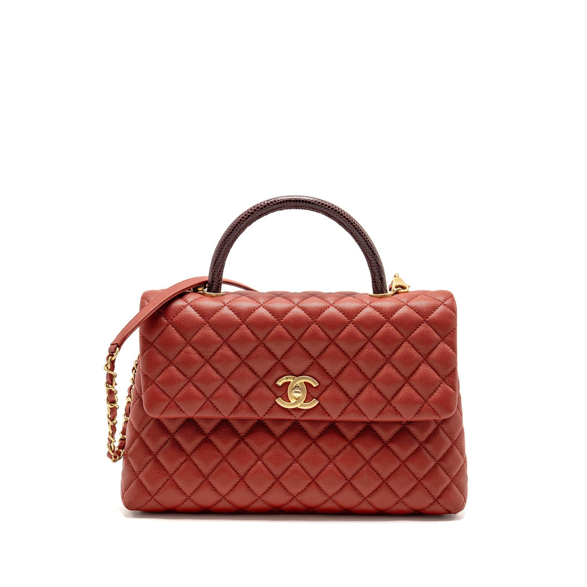 CHANEL LARGE COCO HANDLE WITH LIZARD HANDLE CAVIAR RED GHW