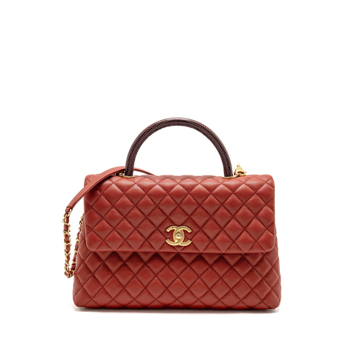 CHANEL LARGE COCO HANDLE WITH LIZARD HANDLE CAVIAR RED GHW