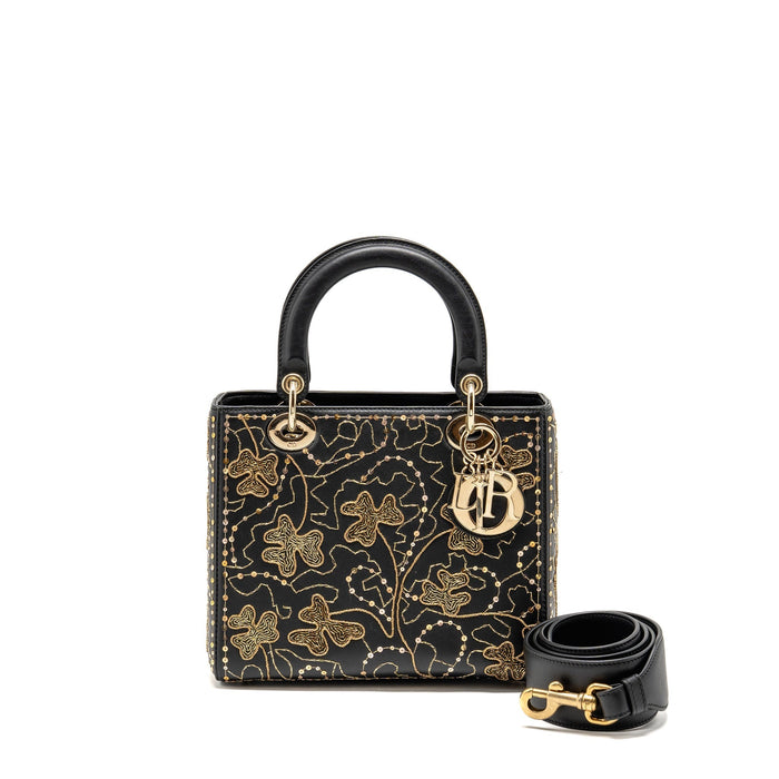 DIOR MEDIUM LADY DIOR EMBROIDERED FLORAL LIMITED EDITION LEATHER BLACK/GOLD GHW