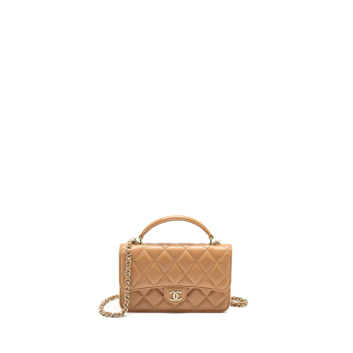 CHANEL TOP HANDLE MINI FLAP BAG WITH CHAIN LAMBSKIN CARAMEL LGHW