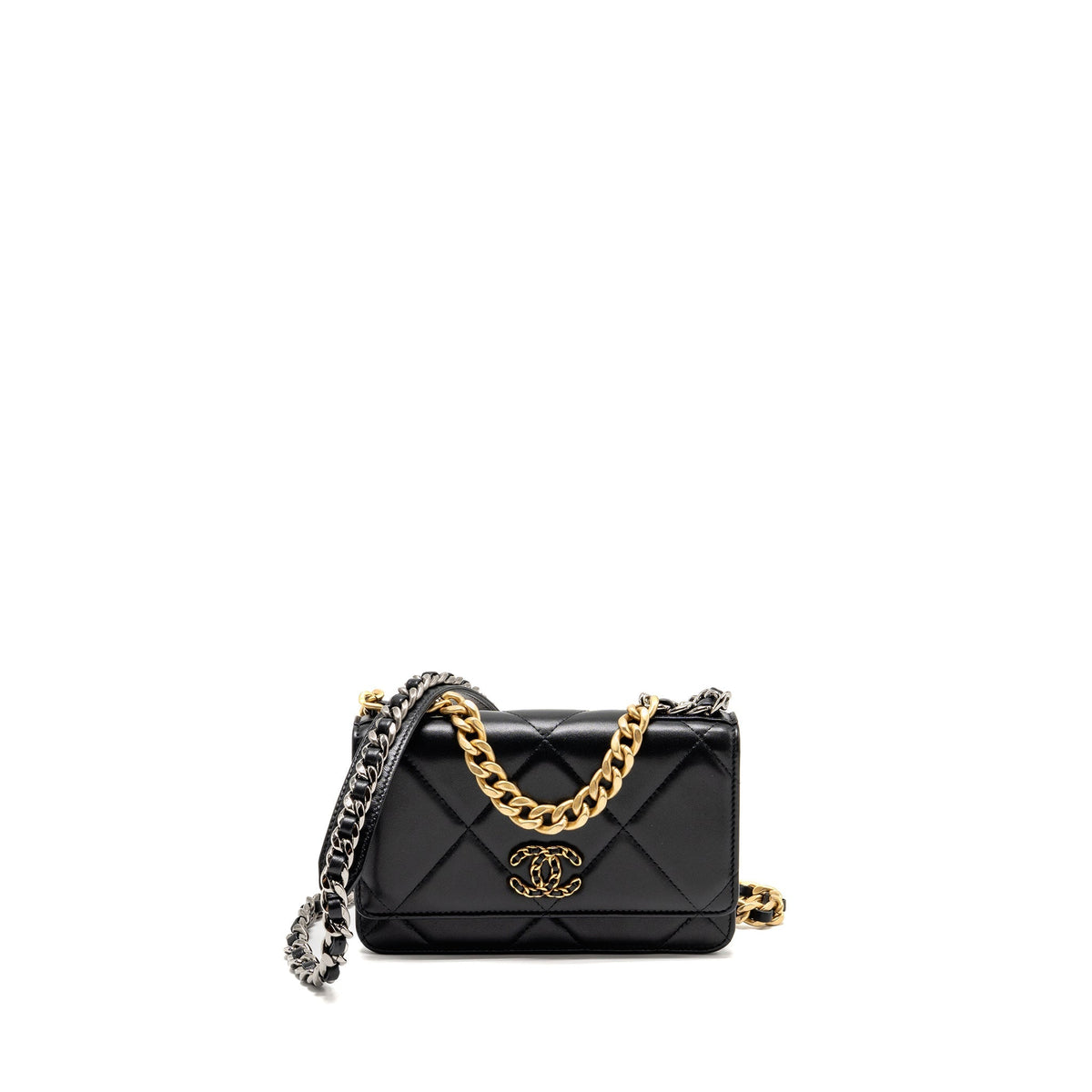 CHANEL 19 WALLET ON CHAIN LAMBSKIN BLACK MULTICOLOUR HARDWARE