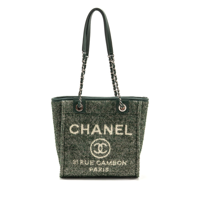 CHANEL SMALL SHOPPING TOTE BAG FABRIC/LEATHER GREEN/WHITE SHW (MICROCHIP)