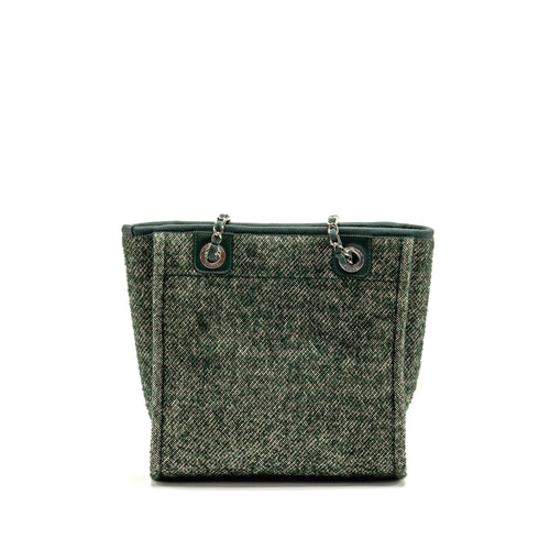 CHANEL SMALL SHOPPING TOTE BAG FABRIC/LEATHER GREEN/WHITE SHW (MICROCHIP)
