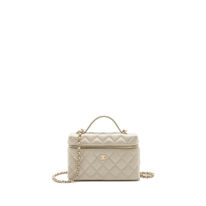 CHANEL CC TOP HANDLE VANITY WITH CHAIN CAVIAR LIGHT GREY LGHW (MICROCHIP)
