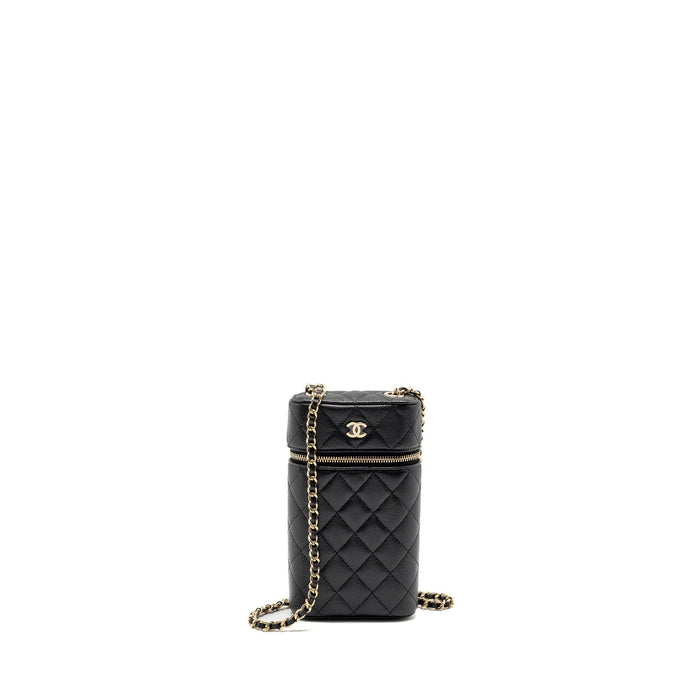 CHANEL CLASSIC VANITY PHONE HOLDER WITH CHAIN CAVIAR BLACK LGHW