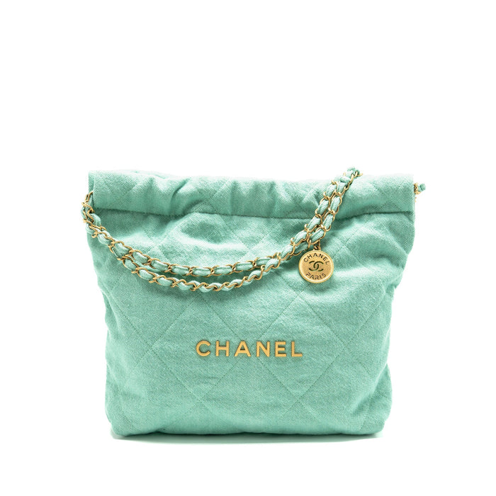 CHANEL SMALL 22 BAG WASHED DENIM AQUA GHW (MICROCHIP)