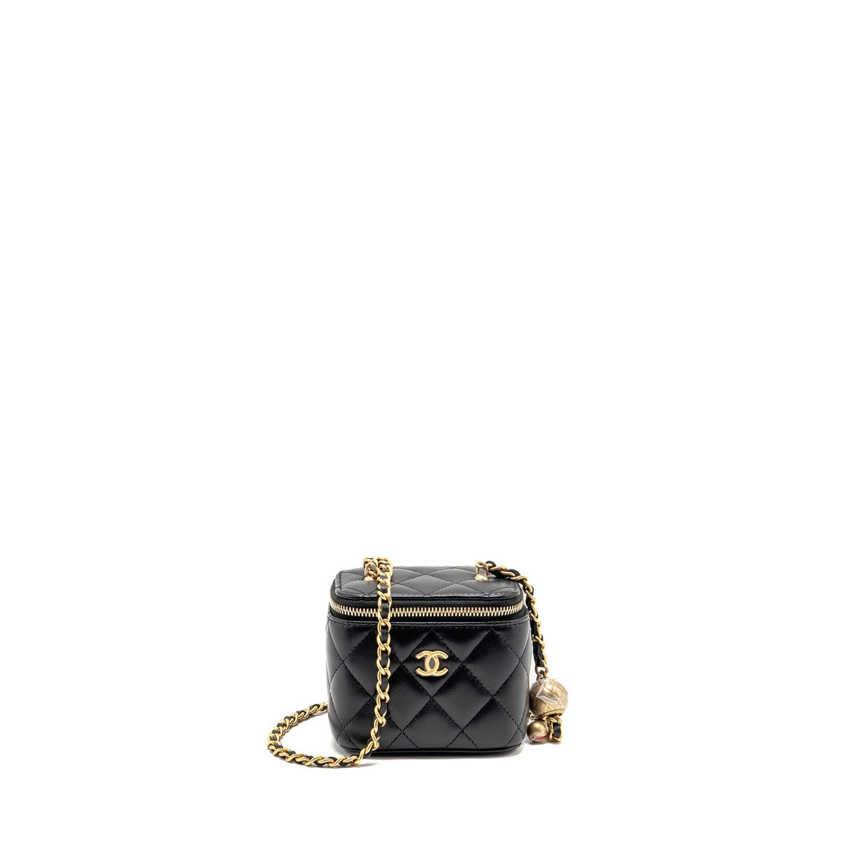 CHANEL PEARL CRUSH MINI VANITY WITH CHAIN LAMBSKIN BLACK GHW (MICROCHIP)